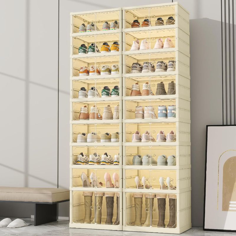 Photo 1 of 9 Tiers Foldable Shoe Rack Organizer for Closet with Wheels, Collapsible Shoe Shelf for Front Door Entrance Stackable Clear Folding Shoes Storage Boxes Tall Shoe Cabinet