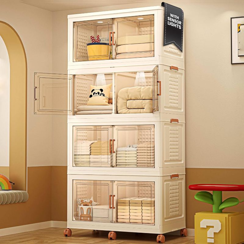Photo 1 of 4 Layers Stackable Storage Bins with Lids And Doors - \Cabinets, Large Collapsible Container Box with 6 Wheels, Plastic Foldable Organizer for Home and Office