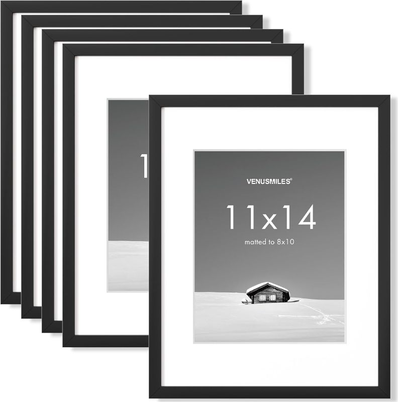 Photo 1 of 11x14 inch Picture Frame, 11x14 Photo Frames with 8x10 Removable Mat - High Definition Plexiglass - Vertical and Horizontal Display - Wall Hanging Frame - Black, 5 Pack