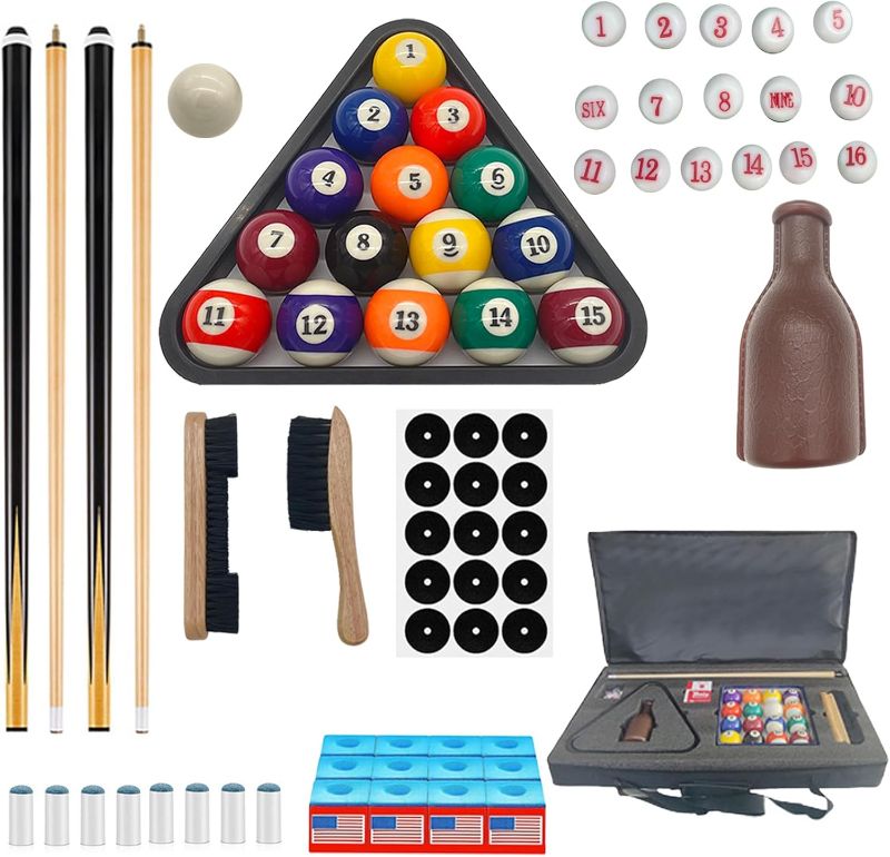 Photo 1 of Pool Table Accessories Billiard Balls Set with Triangle Ball Holder Cue Chalks Pool Cue Tips Pool Sticks Table Brush Spot Position Stickers Billiard Accessories