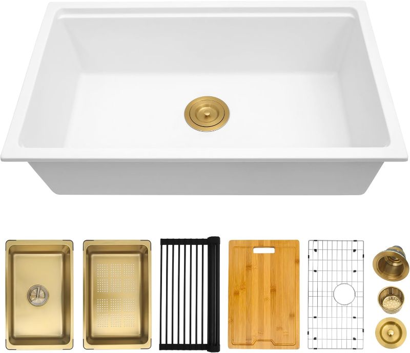 Photo 1 of 30-Inch Undermount/Drop-in Topmount Quartz Composite Kitchen Sink, Large Deep Single Bowl Workstation Sink With Accessories (White, 30" x 18")