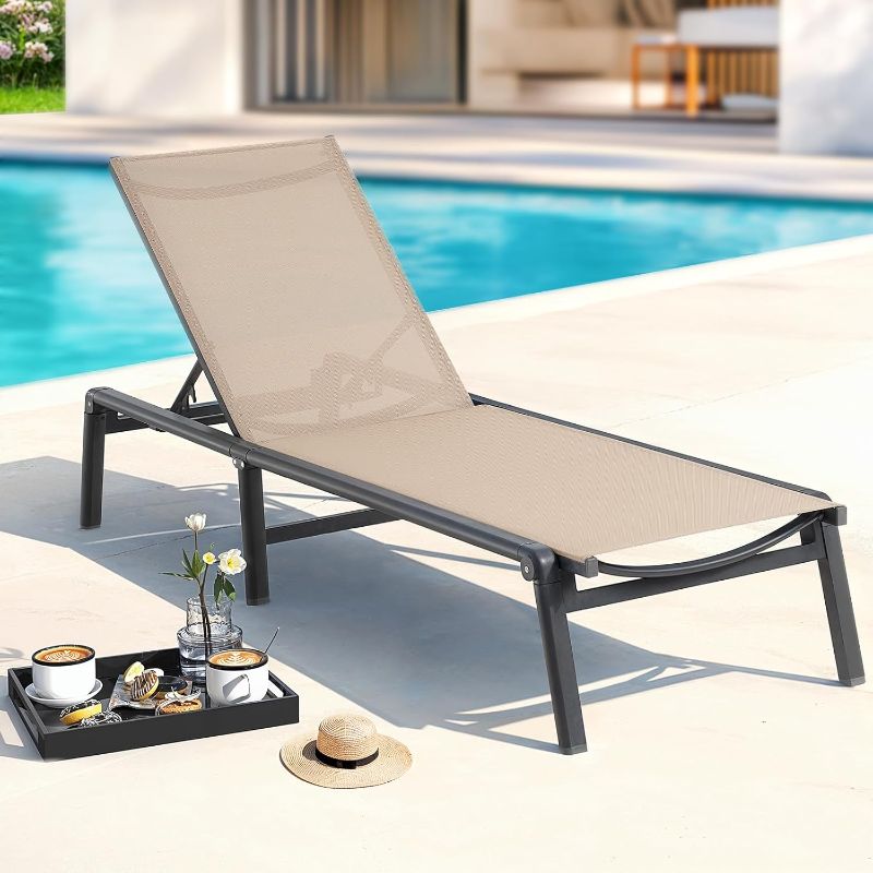 Photo 1 of Aluminum Chaise Lounge Chair Outdoor, Foldable & Assembly Free Outdoor Lounge Chair with 5 Position Adjustable Backrest, Patio Pool Lounge Chairs for Outside Poolside Beach Lawn, 1PC, Khaki