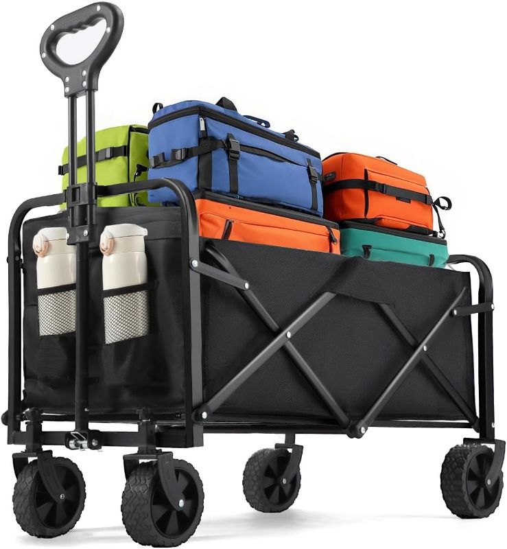 Photo 1 of Collapsible Wagon 220 lbs, Heavy Duty Wagon Carts Foldable, Portable Wagons for Groceries, Beach Cart with All-Terrain Wheels & Drink Holders, Utility Wagon for Shopping, Sports, Camping, Black
