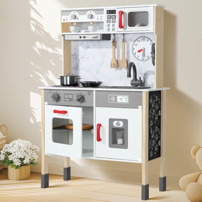Photo 1 of Play Kitchen Wooden Kids Kitchen Playset Pretending Toys for Toddlers with Real Lights & Sounds, 3 Heights Adjustable, Chalkboard, 35Pcs Toy Food & Cookware Accessories-Gray