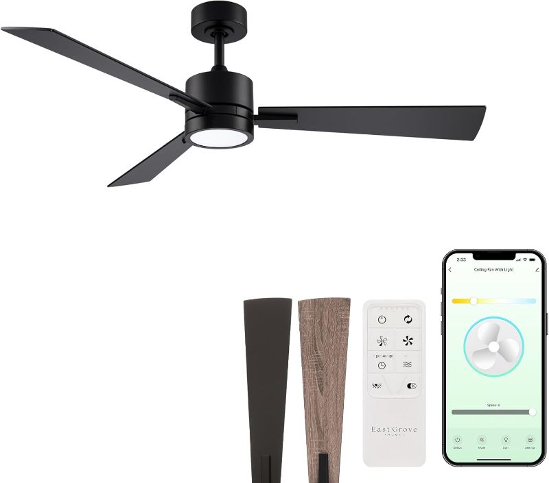 Photo 1 of Bali Smart 3-Blade 42in Ceiling Fan 2700K-6000K CCT Selectable LED Light Kit with Remote Control and Black Hardware with Reversible Blades in Weathered Wood or Black Works With iOS or Android App
