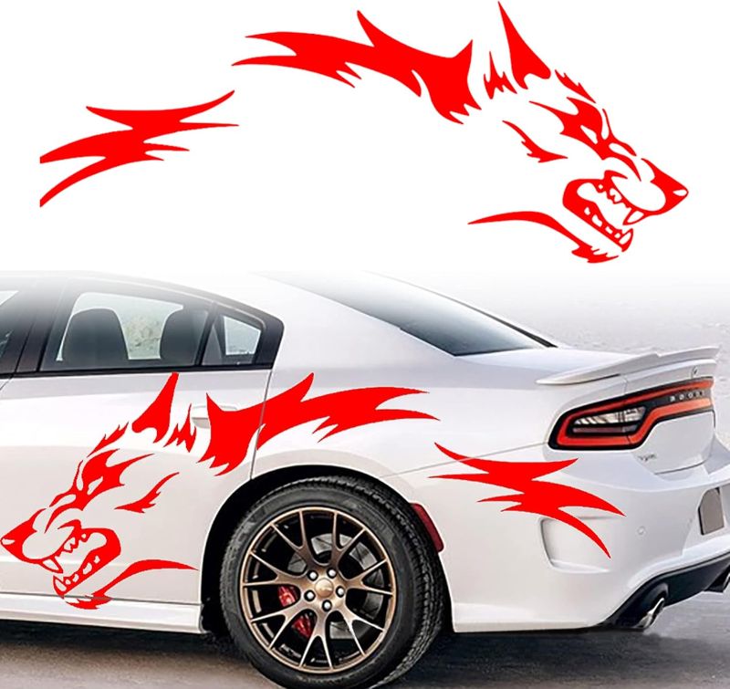 Photo 1 of 1 Set Running Wolf Graphics Car Body Sticker Self-Adhesive Wolf Decal Racing Sports Car Side Door Sticker Scratch Hidden Car Exterior Decoration Accessories 51.18'' x 19.68'', Red