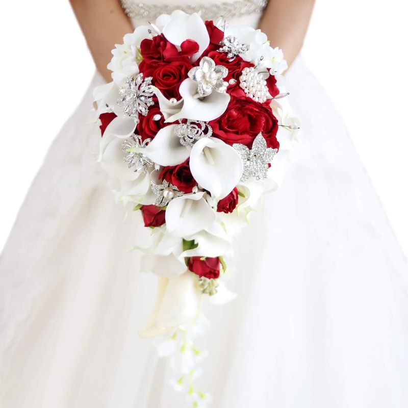 Photo 1 of IFFO Bridal Bouquets for Wedding, Calla Lilies Simulation Rose Diamonds Pearl Bride Wedding Bouquet, Romantic Wedding Party Decoration Confession (red)