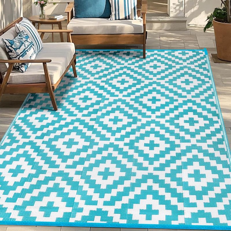 Photo 1 of Outdoor Patio Plastic Straw Rug - 5'x8' Outdoor Camping Rug Waterproof Reversible, Area Carpet Patios Clearance RV, Outside Porch Balcony Deck for Camper, Blue & White