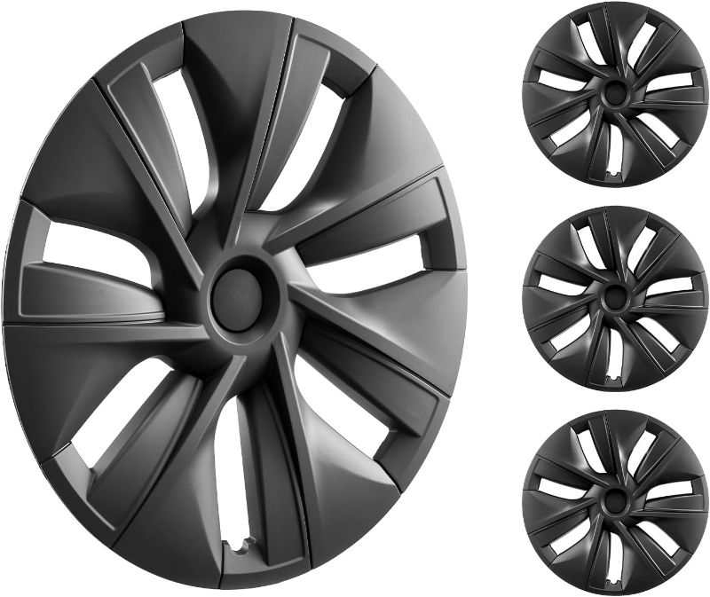 Photo 1 of VEVOR Tesla Model Y Hubcaps 19 Inch, 2020-2024 Model Y Black Fully Fit Hubcap with Snap Set of 4 Same Side, Guard Tape & Valve Nozzle Hole, ABS & PC Hubcap Less Wind Drag, Fits for All Weather Use