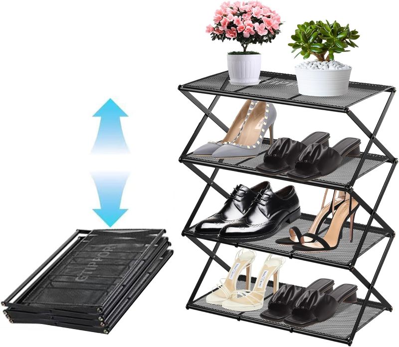 Photo 1 of Shoe Rack for Entryway 4 Tier Foldable Shoe Rack Without Assembly Collapsible Metal Shoe Organizer Folding Shoe Storage Rack for Door, Living Room, Black
