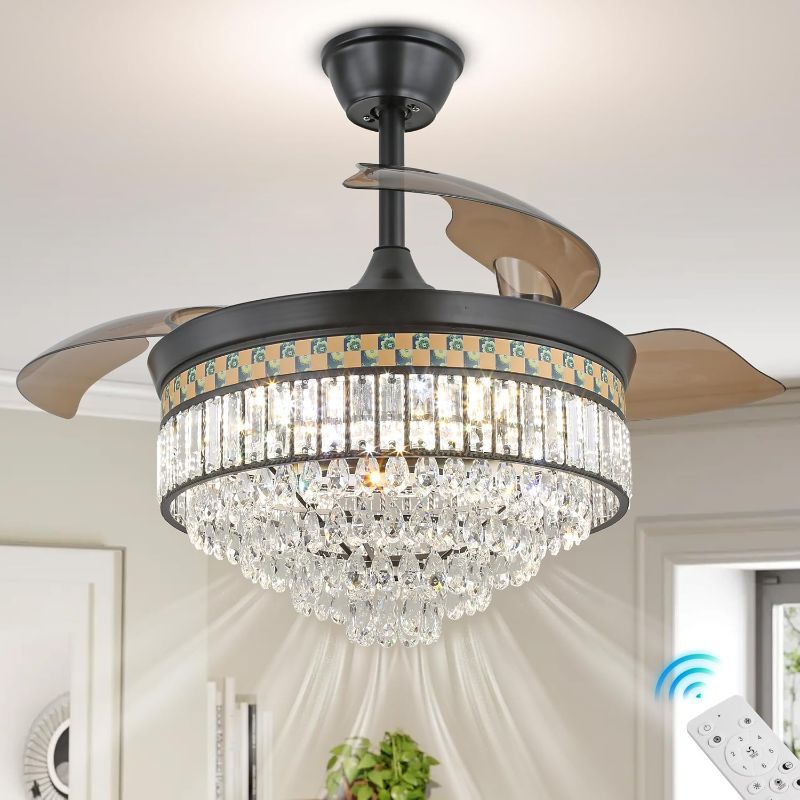 Photo 1 of 42'' Dimmable Crystal Ceiling Fans Modern LED Ceiling Fandelier Chandeliers with Light Remote Control Retractable Crystal Fandeliers for Bedrooms, APP & Memory Function, 6 Speeds