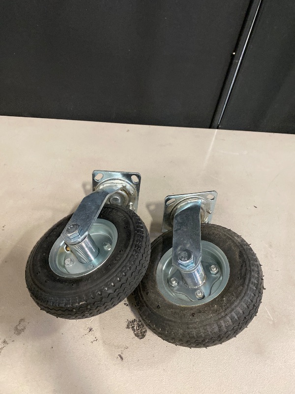 Photo 1 of RRQ 8 Inch Caster Wheels, Pneumatic Swivel Caster Wheels with Zinc Top Plate 360 Degree Rotation for Cart, Dolly, Trolley, Workbench and Wagon, Black Rubber Wheels, 590 Lbs Total Capacity (2 Pack)