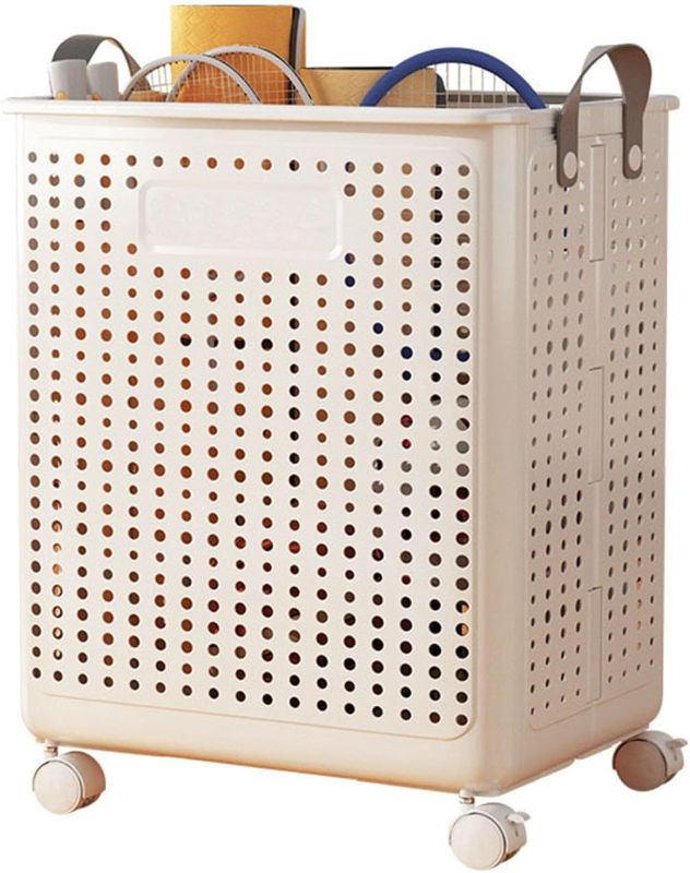 Photo 1 of WESAPPINC 55L Collapsible Large Laundry Hamper, Plastic Laundry Basket with Wheels,Suitable for Bathroom, Bedroom, Dorm Room & Laundry Room,Basket with Handle (Cream color)