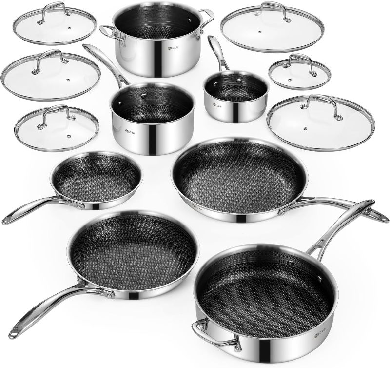 Photo 1 of Deluxe 13 Piece Hybrid Ceramic Nonstick Stainless Steel Cookware Set-5 Piece Frying Pan Set, 6 PC Pot Set, 3.7QT Deep Sauté Pan&Lid, Induction Ready, Stay Cool, PFOA Free Compatible with All Cooktops