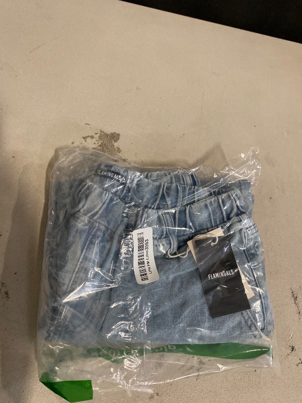 Photo 1 of Medium Flamingals Women's Baggy Cropped Jeans Drawstring Mid Rise Boyfriend Carrot Barrel Roll Hem Jeans Light Blue M