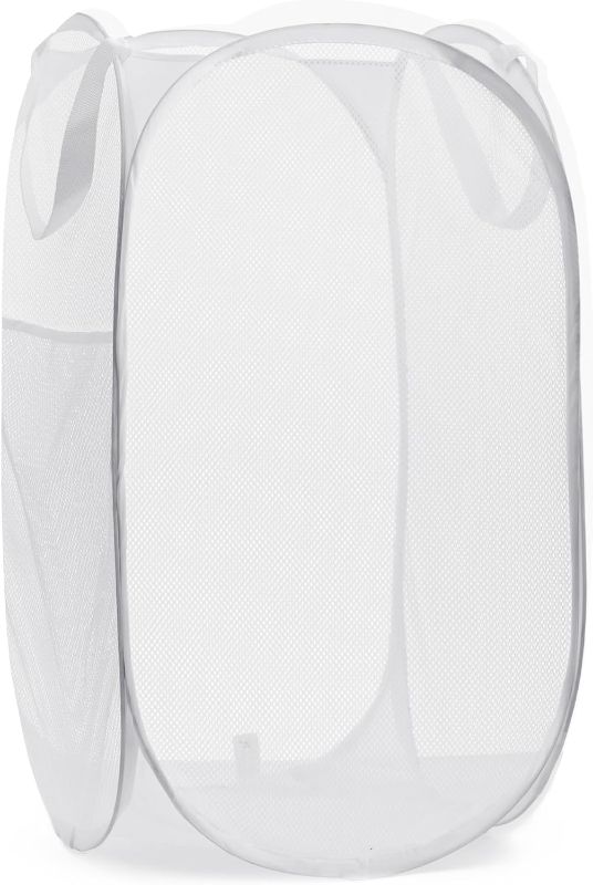 Photo 1 of Handy Laundry Collapsible Mesh Pop Up Hamper with Wide Opening and Side Pocket – Breathable, Sturdy, Foldable, and Space-Saving Design for Clothes and Storage. (White)