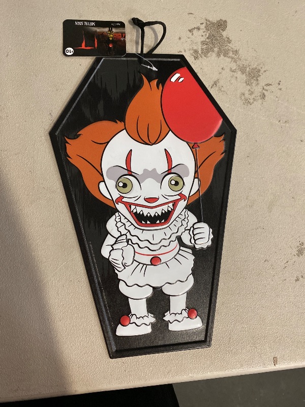 Photo 1 of IT Pennywise Tin Metal Sign Coffin Shape 14-Inch X 9-Inch Horror Movie Classic