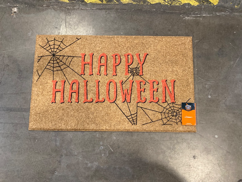 Photo 1 of 18x30" Happy Halloween Faux Coir Doormat with Spiderwebs Orange/Black