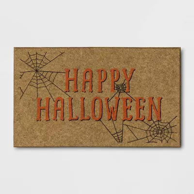 Photo 1 of 18x30" Happy Halloween Faux Coir Doormat with Spiderwebs Orange/Black