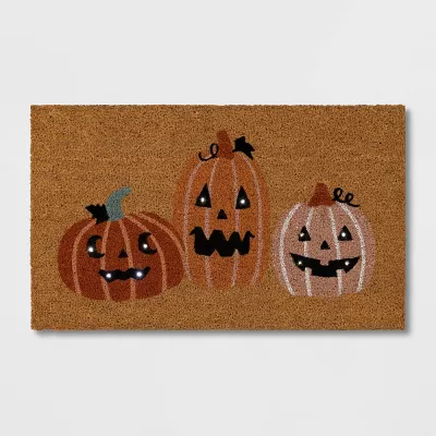 Photo 1 of 18x30"  Jack O Lanterns Light-Up Coir Doormat Orange Fall Decor 