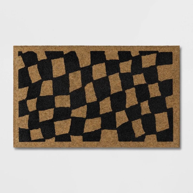 Photo 1 of 1'6"x2'6" Halloween Checkered Faux Coir Doormat Natural/Black - Hyde and EEK! Boutique™