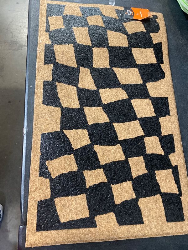 Photo 1 of 18x30" Halloween Checkered Faux Coir Doormat Natural/Black - Hyde and EEK! Boutique™