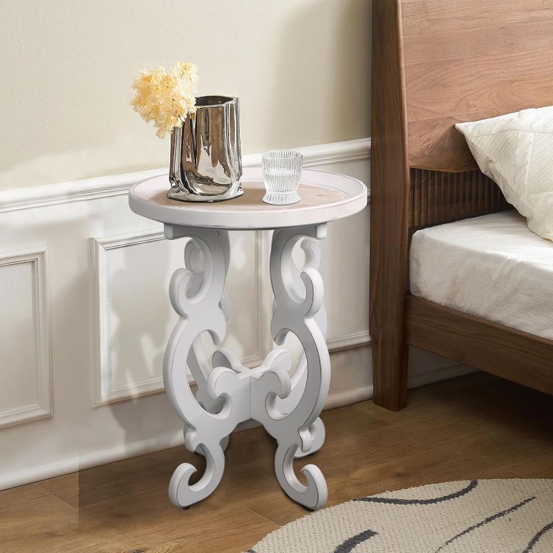 Photo 1 of Farmhouse Round Side Table Rustic Wooden end Table with Carved Legs Boho Accent Table Beside Table for Living Room Bedroom