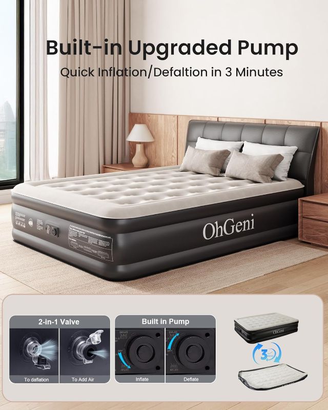 Photo 1 of OhGeni Queen Air Mattress with Built in Pump, Inflatable Blow Up Mattress 18 Raised Comfort,Upgraded Surface Portable Mattress, Air Bed for Camping, Home and Guest, Colchone Inflable, 650 lbs Max