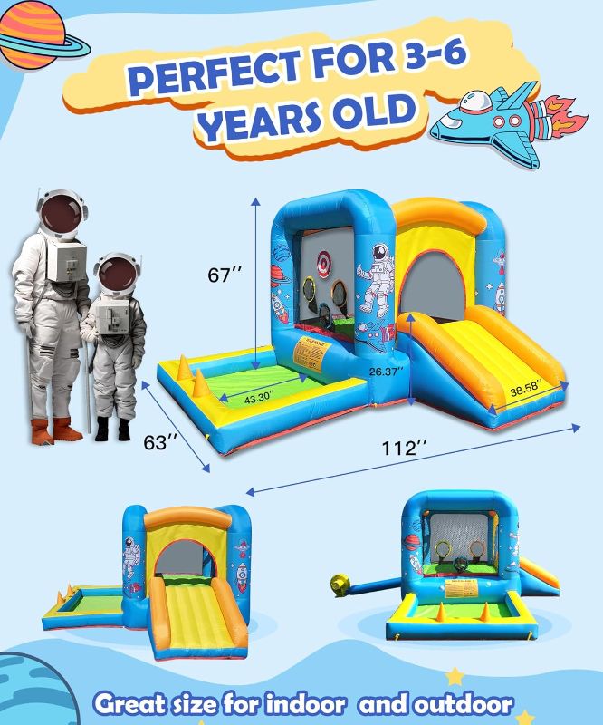 Photo 1 of Inflatable Bounce House with Blower for Kids 3-6 y/o, Jumping Castle with Slide, 112x63x67'' Toddlers Bouncer with Ball Pit, Bouncy House for Indoor/Outdoor