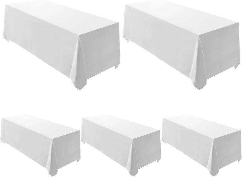 Photo 1 of Surmente 5 Pack White Rectangle Tablecloth 90 x 156-inch Rectangular Polyester Table Cloth for Weddings, Banquets, or Restaurants
