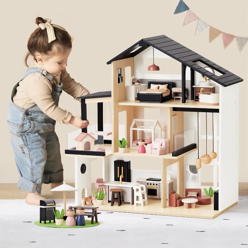 Photo 1 of Tiny Land Doll House, Modern Family Dollhouse with Realistic Design, Wooden Dollhouse with 53Pcs Furniture - Ideal Gift for Kids Ages 3+