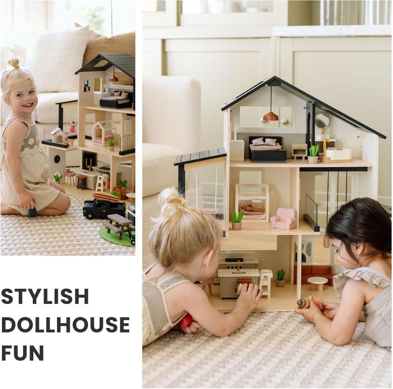 Photo 1 of Tiny Land Doll House, Modern Family Dollhouse with Realistic Design, Wooden Dollhouse with 53Pcs Furniture - Ideal Gift for Kids Ages 3+