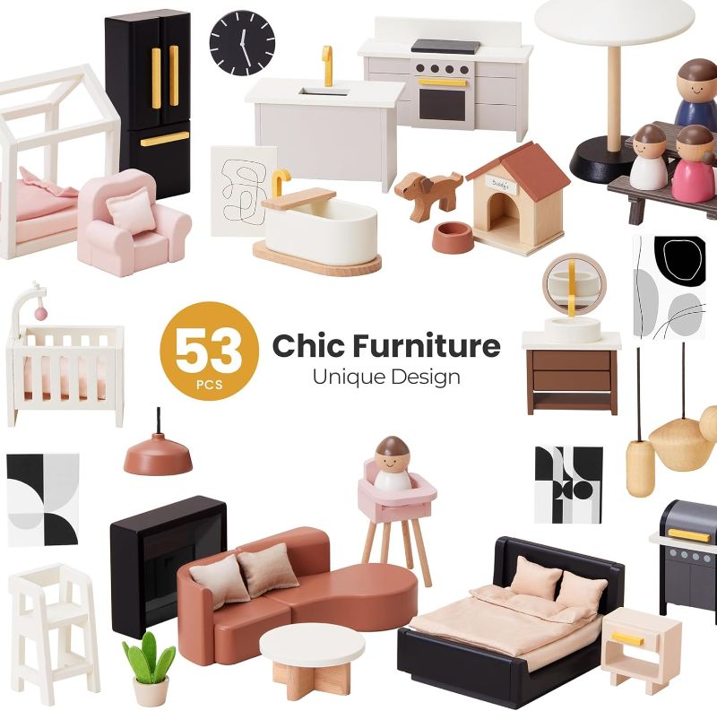 Photo 1 of Tiny Land Doll House, Modern Family Dollhouse with Realistic Design, Wooden Dollhouse with 53Pcs Furniture - Ideal Gift for Kids Ages 3+