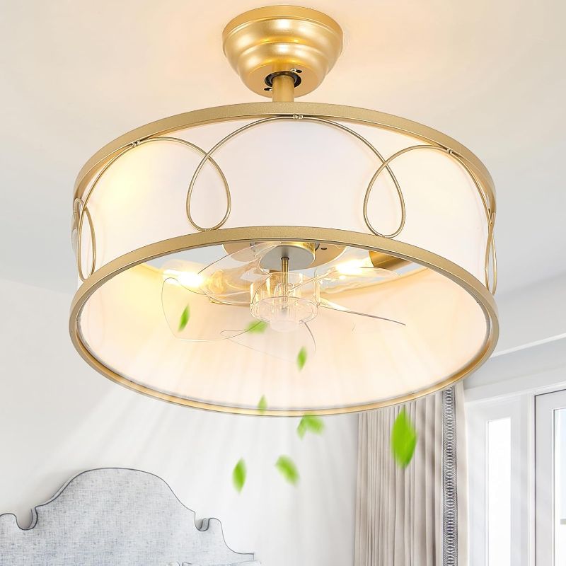 Photo 1 of Gold Fandelier Ceiling Fan with Light, Fabric Boho Chandelier Ceiling Fans with Lights Remote Control, Mid-Century Modern Caged with 6 Speeds for Bedroom, Nursery 