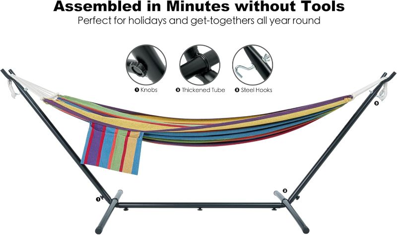 Photo 1 of Double Hammock with Stand for Outside, Upgraded Spreader Bar, Heavy Duty Space Saving Steel Stand 2 Person, Side Pockets, Easy Assembly, 600lbs Weight Capacity, Indoor & Outdoor 