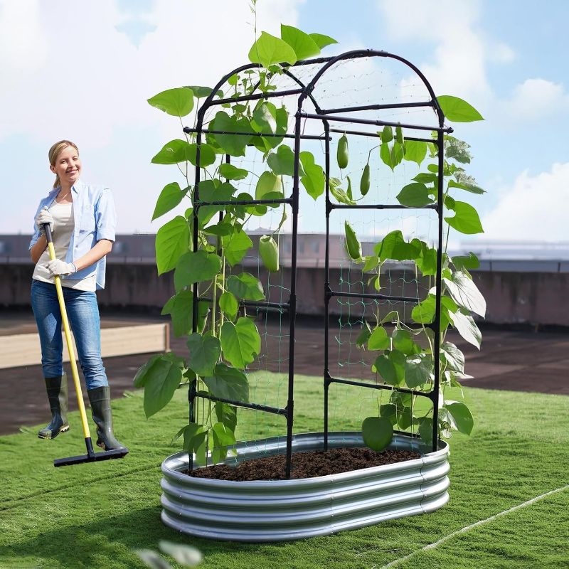 Photo 1 of Lalahoni Garden Arch Trellis for Climbing Plants Outdoor, 80 Inch Tall Grape Trellis Metal Vine Plants Support Flower Vegetable Tomato, Cucumber Trellis for Raised Bed, Black