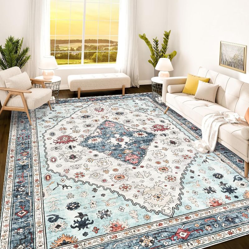 Photo 1 of Istana Rugs 8x10 - White Cream/Blue Area Rug - Foldable Stain Resistant Bedroom 8x10 Area Rugs - Washable Rug - 8 x 10 Area Rugs for Living Room - Eco-Friendly Area Carpet