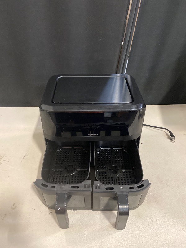 Photo 1 of CHEFMAN 6 Quart Dual Basket Air Fryer Oven with Easy View Windows, Sync Finish, Hi-Fry, Auto Shutoff, 2 Independent 3Qt Nonstick Dishwasher Safe Frying Baskets, Digital Double Air Fryer - Black