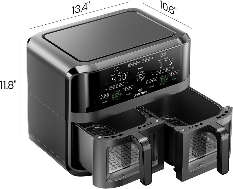 Photo 1 of CHEFMAN 6 Quart Dual Basket Air Fryer Oven with Easy View Windows, Sync Finish, Hi-Fry, Auto Shutoff, 2 Independent 3Qt Nonstick Dishwasher Safe Frying Baskets, Digital Double Air Fryer - Black