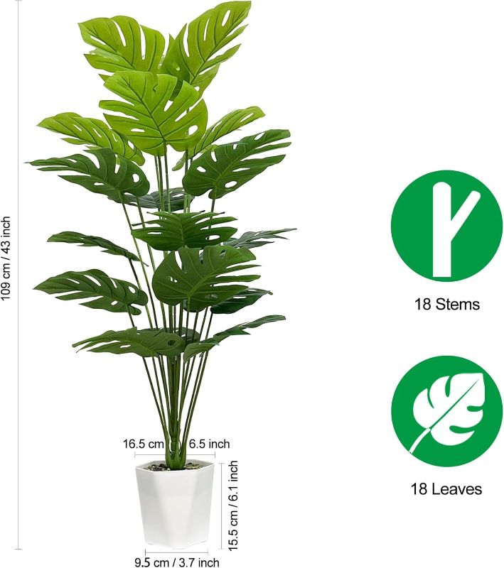 Photo 1 of Artificial Monstera Deliciosa Plants in Pots, Fake Tropical Palm Tree with Greenery Leaves Stems, 43 Inch Faux Swiss Cheese Floor Plants Indoor for Home, Office, Store Decor
