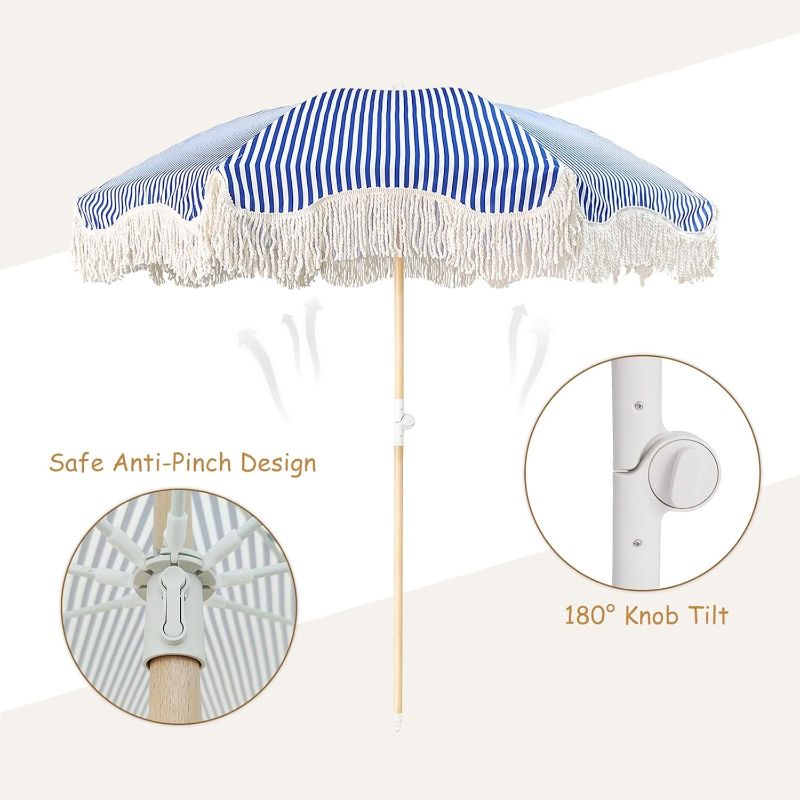 Photo 1 of Fringe Umbrella Outdoor with Carry Bag, Striped Patio Umbrella Wooden Pole Beach Umbrella with Tassels Boho Tilt Adjustment Outdoor Table Umbrella UV Protection Deck Umbrella Waterproof