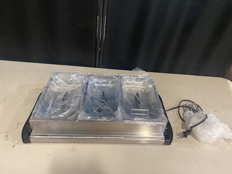 Photo 1 of Elite Gourmet EWM-6171 Triple 3 x 2.5 Qt. Trays, Buffet Server, Food Warmer Temperature Control, Clear Slotted Lids, Perfect for Parties, Entertaining & Holidays, 7.5 Qt Total, Stainless Steel