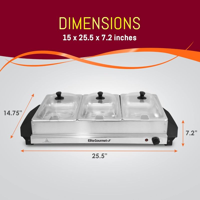 Photo 1 of Elite Gourmet EWM-6171 Triple 3 x 2.5 Qt. Trays, Buffet Server, Food Warmer Temperature Control, Clear Slotted Lids, Perfect for Parties, Entertaining & Holidays, 7.5 Qt Total, Stainless Steel