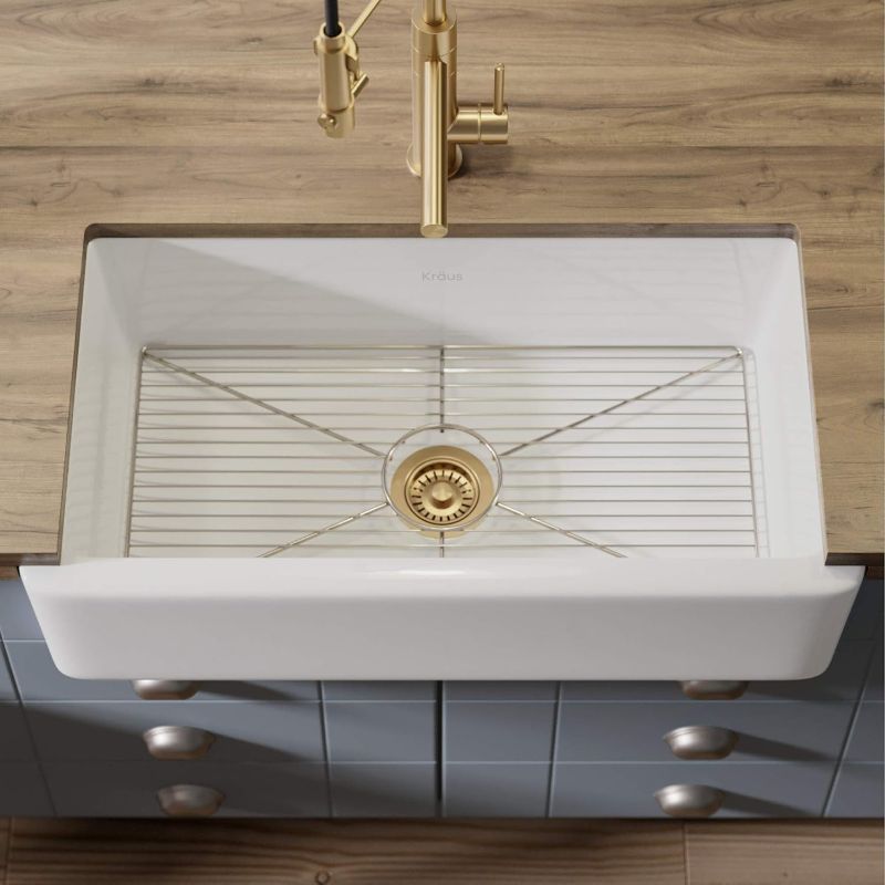 Photo 1 of Kraus Turino Workstation 33-inch Farmhouse Kitchen Sink, Reversible Apron Front, Fireclay Single Bowl, White, KFR1-33GWH
