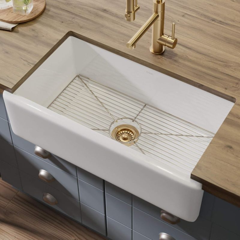 Photo 1 of Kraus Turino Workstation 33-inch Farmhouse Kitchen Sink, Reversible Apron Front, Fireclay Single Bowl, White, KFR1-33GWH