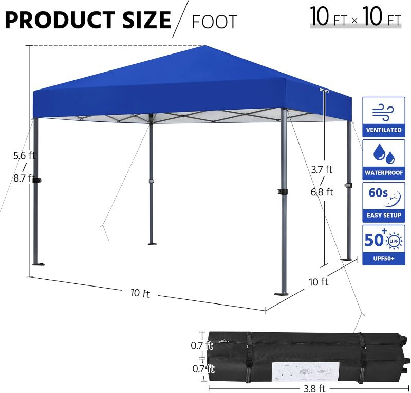 Photo 1 of Yaheetech 10x10 1-Person Setup Pop Up Canopy Tent, Instant Portable Commercial Canopy Tent, Outdoor Gazebo with 1-Button Push, Wheeled Bag & 4 Sandbags for Home, Party & Outdoor Activities, Blue