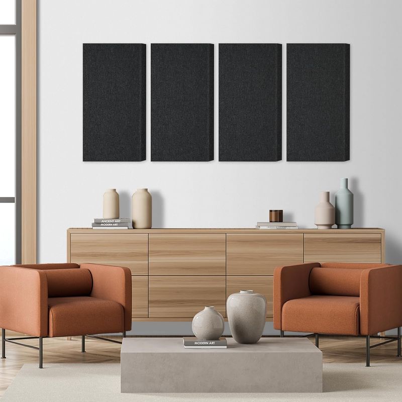 Photo 1 of BUBOS 4 PCS Acoustic Panels,24''x12'' Fabric Soundproof Wall Panels,Self-adhesive Sound Absorbing Panels for Studios, Office, Home Theater (Black)