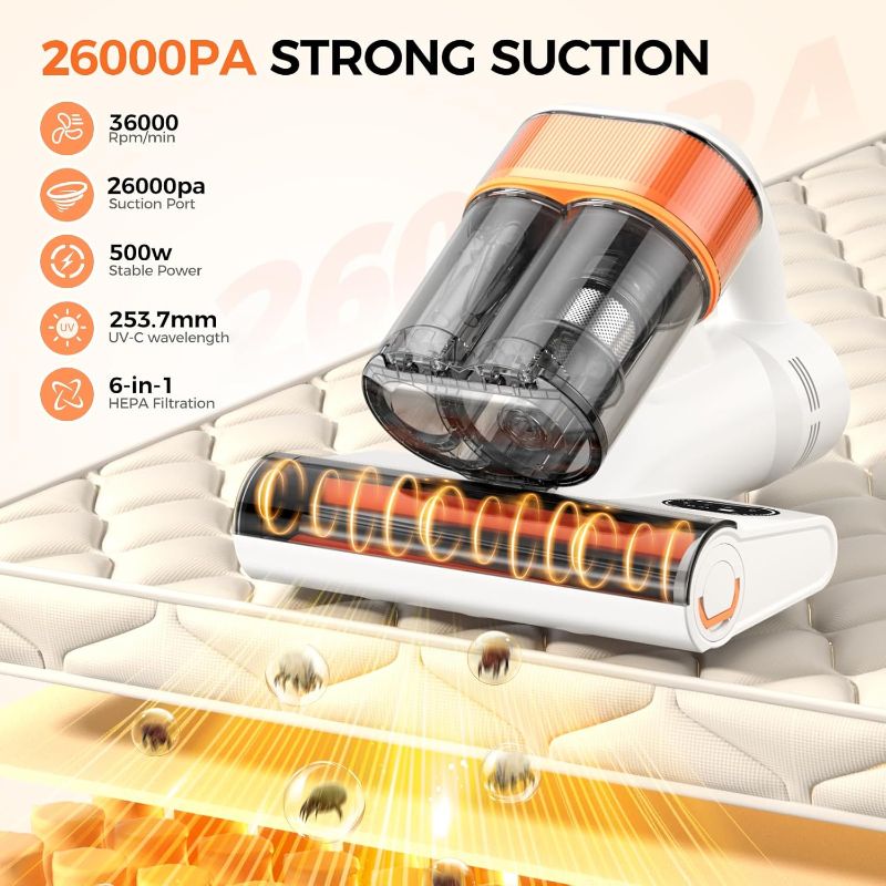 Photo 1 of Mattress Vacuum Cleaner, 26Kpa 500W Strong Suction Bed Vacuum with UV and Ultrasonic and High Heating, Dual Dust Bins with Washable Filters, Ideal for Dust and Pet Hair Removal, Corded