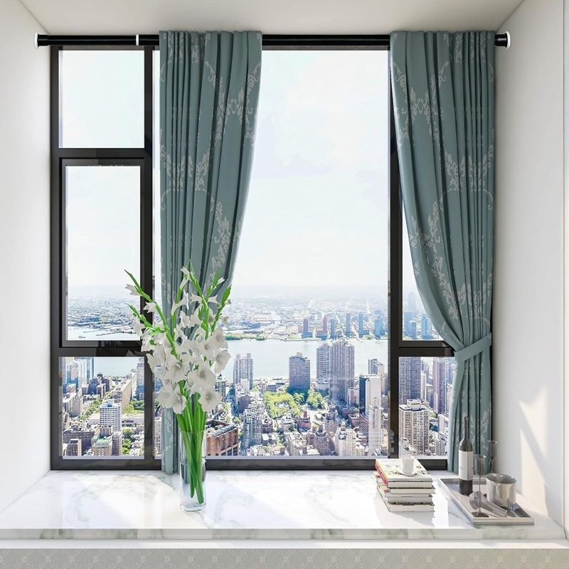 Photo 1 of Tension Curtain Rod 122 to 157 Inches, 1.26" Diameter Spring Adjustable Curtains Rods Long Large Pole for Windows Door Bathroom Patio Outdoor No Drilling, Black
