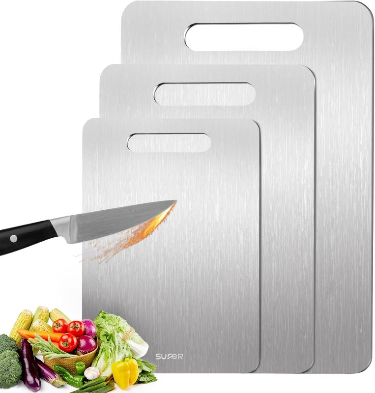 Photo 1 of 3 Pack Titanium Cutting Board, 100% Pure Titanium Cutting Boards For Kitchen, Non-Slip Chopping Board, Dishwasher Safe, Easy to Clean, Durable & Hygienic for Meat, Vegetables, Fruits (M+L+XL)